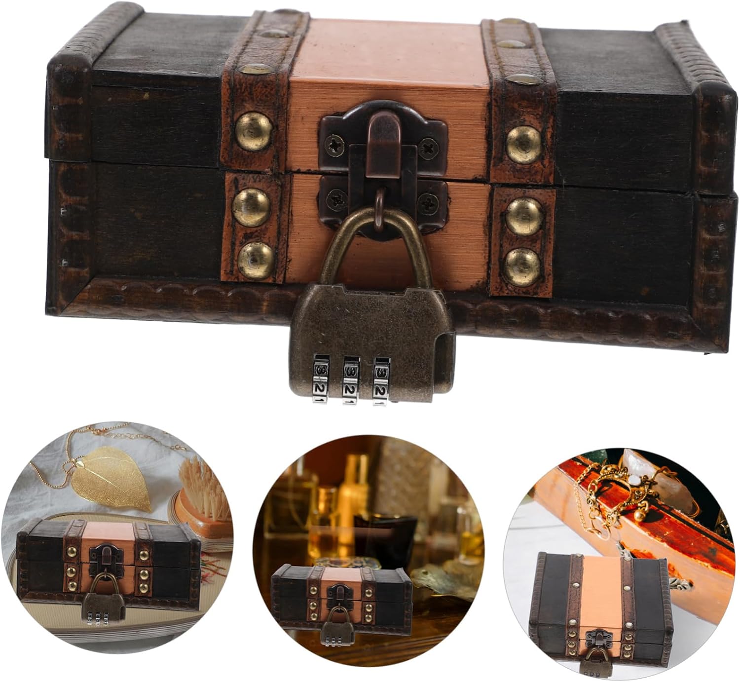 TEHAUX Retro Style Decorative Box Wooden Jewelry Organizing Storage Lockable Jewelry Lock Box Treasure Chest for Home Office