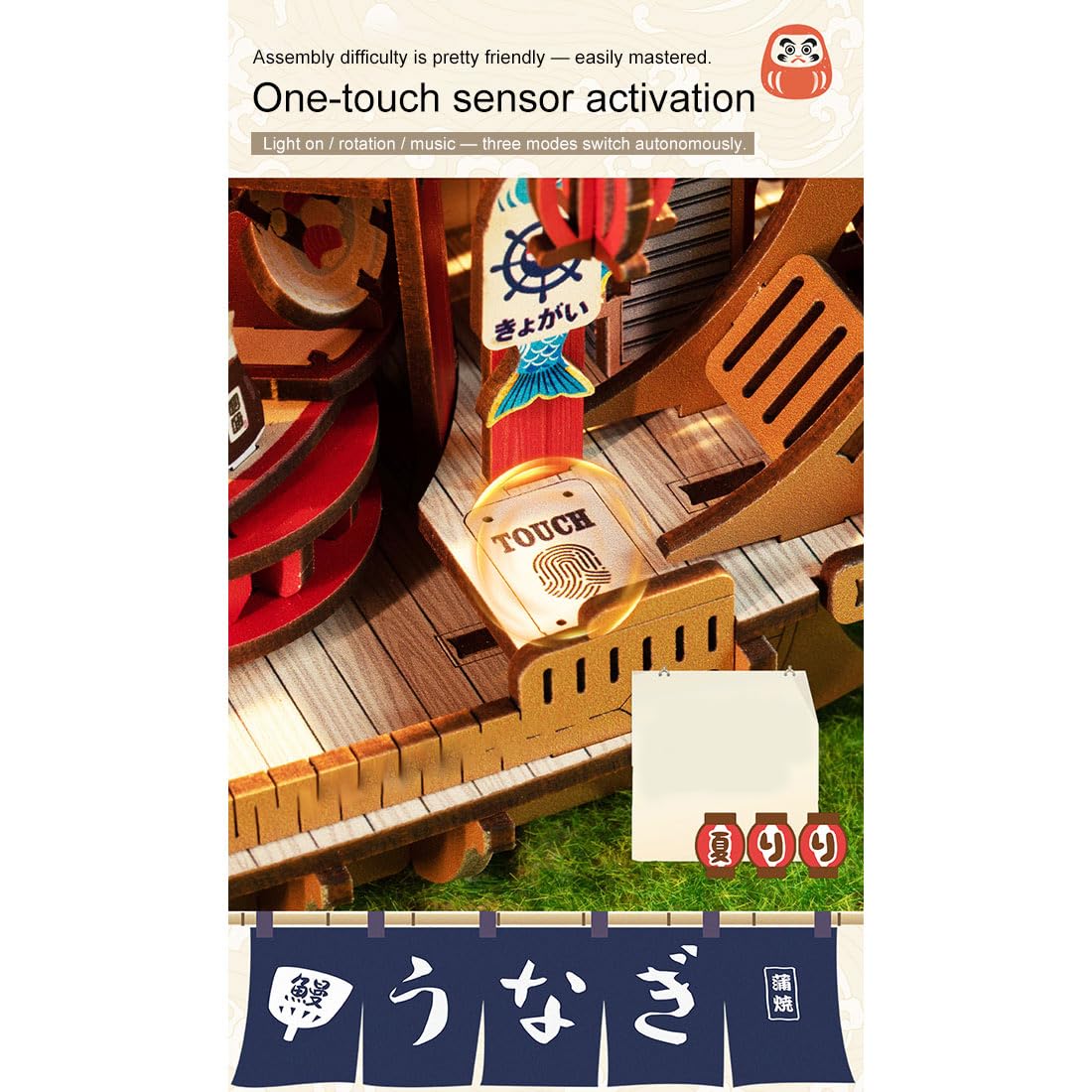 Kit fai da te, modello di barca per sushi, puzzle 3D in legno giapponese con luci e rotazione, display creativo per sushi per scrivania (425 pezzi)