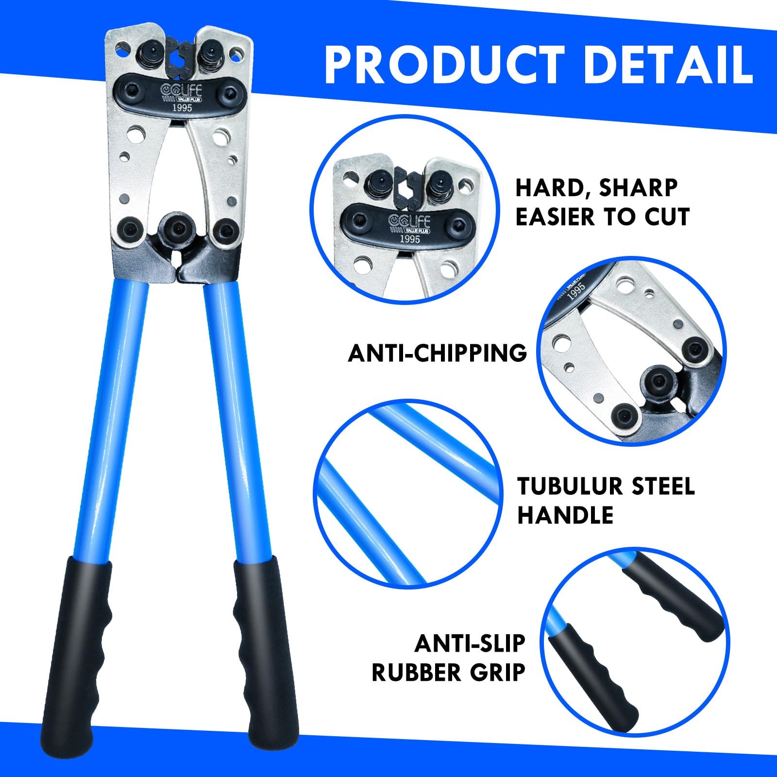 CCLIFE Pinza Crimpatrice - 6/10/16/25/35/50mm² Pinza capicorda AWG Terminale per cavi da 10, 8, 6, 4, 2, 1/0 AWG, Pinze per crimpare cavi, Strumento per crimpare capocorda