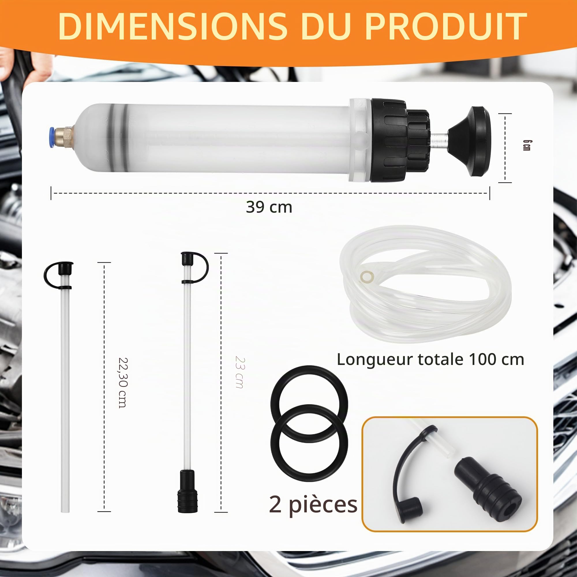 Pistolet D'aspiration D'huile, Oil Syringe 500ml, Seringue a Huile avec 2 Tuyaux, Une Paire D'anneaux en Caoutchouc de Rechange et un Tube D'extension d'un Mètre, Aspiration et Remplissage