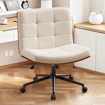 Furnimart Heavy-Duty Curved FSC Wood Desk Chair 360 Swivel, Criss Cross Chair with Wheels Wide Seat, Comfy Armless Cross Legged Sitting for Bedroom, Office, Vanity