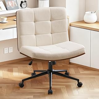 Furnimart Heavy-Duty FSC Wooden Wide Desk Chair, 360° Swivel Criss Cross Office Chair with Wheels, Comfy Cross Legged Sitting, Armless Rolling Chair for Bedroom, Office, Vanity (Linen Beige)