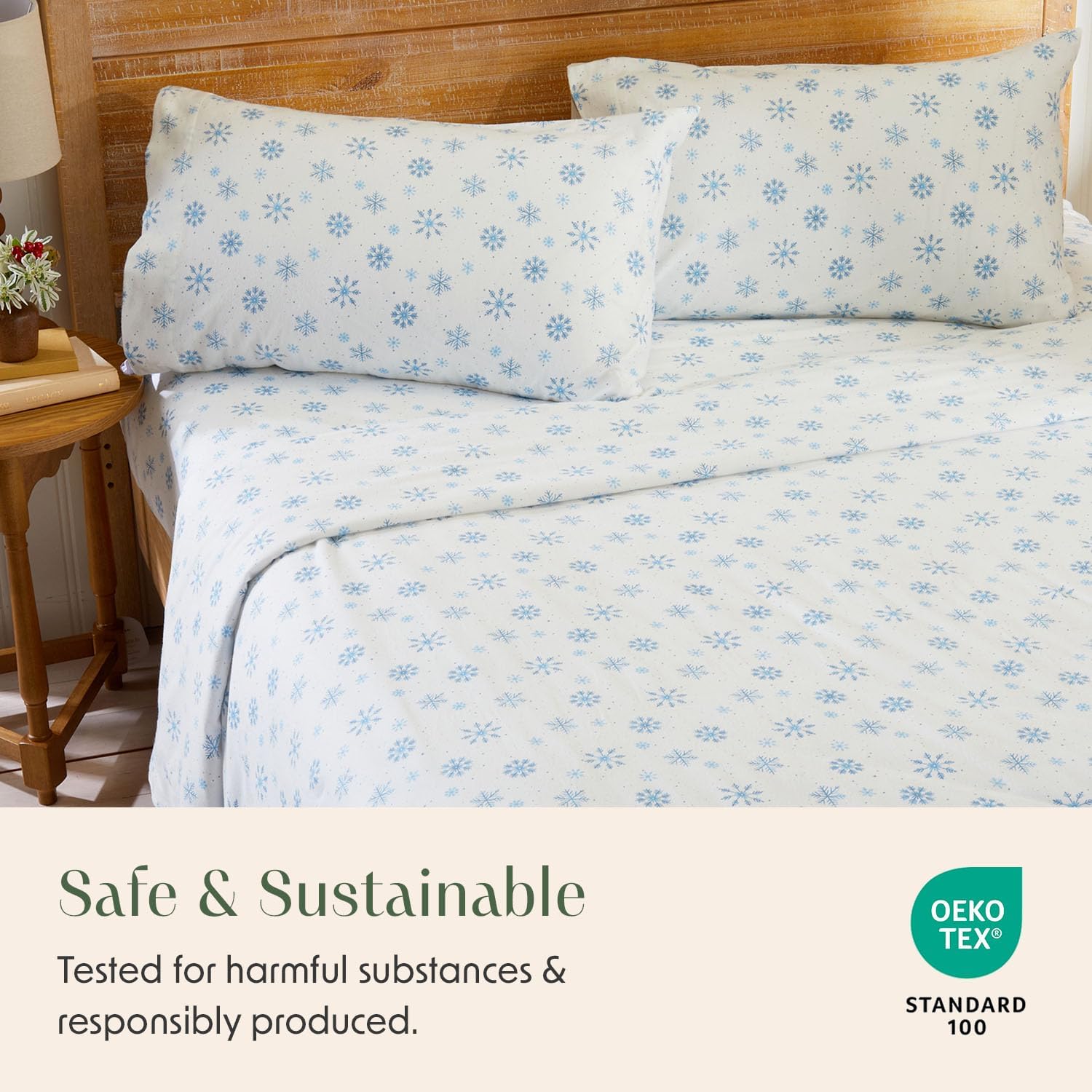 Springtree Home Luxury Portuguese Flannel Sheets | Queen Size Flannel Sheets | 100% Cotton | Ultra-Soft, Warm & Breathable Sheet Set | Deep Pocket, Durable & Cozy Winter Sheet Set | Snowflakes