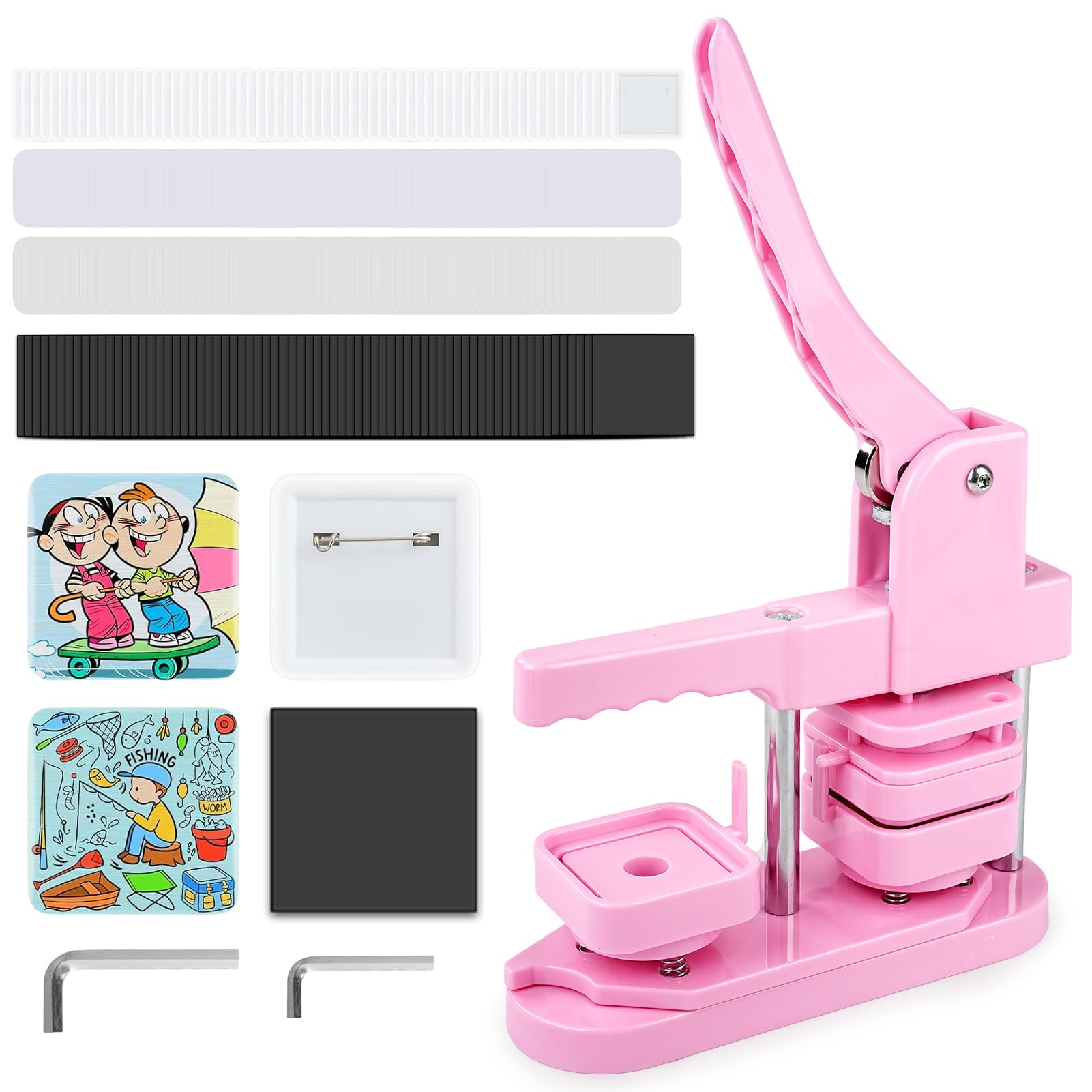 Button Maker Machine, 50 mm quadrato fai da te frigorifero Badge Maker personalizzato stampa kit con 100 pezzi di bottoni per regali Pin Maker, rosa