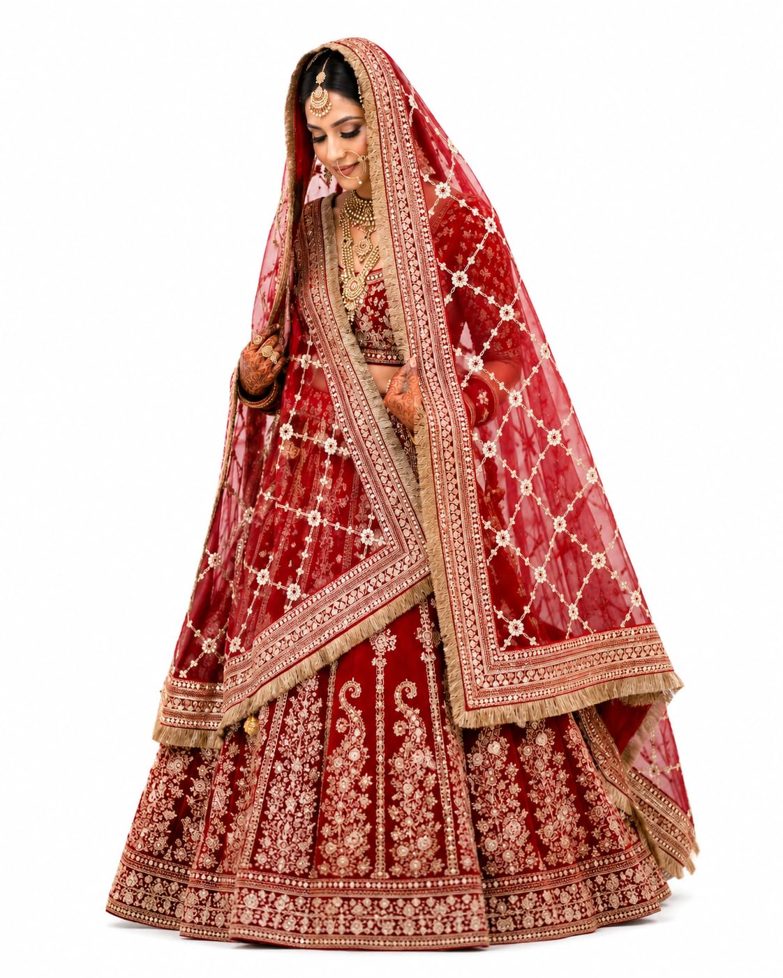 Katrina Style Bridal Net Dupatta | Heavy Zari & Sequin Embroidery | 2.25m | 4 Side Kiran Lace-picture-33