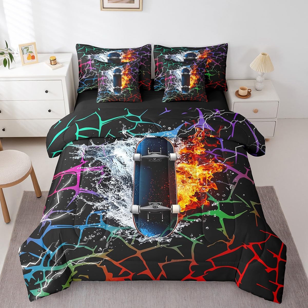 Erosebridal Skateboard Comforter Set with Sheets Twin for Boys Ice Fire Skateboarding Kids Bedding Set Abstract Rainbow Stripes 7 Piece Bed in A Bag,Rainbow Abstract Geometric Stripes Bed Set