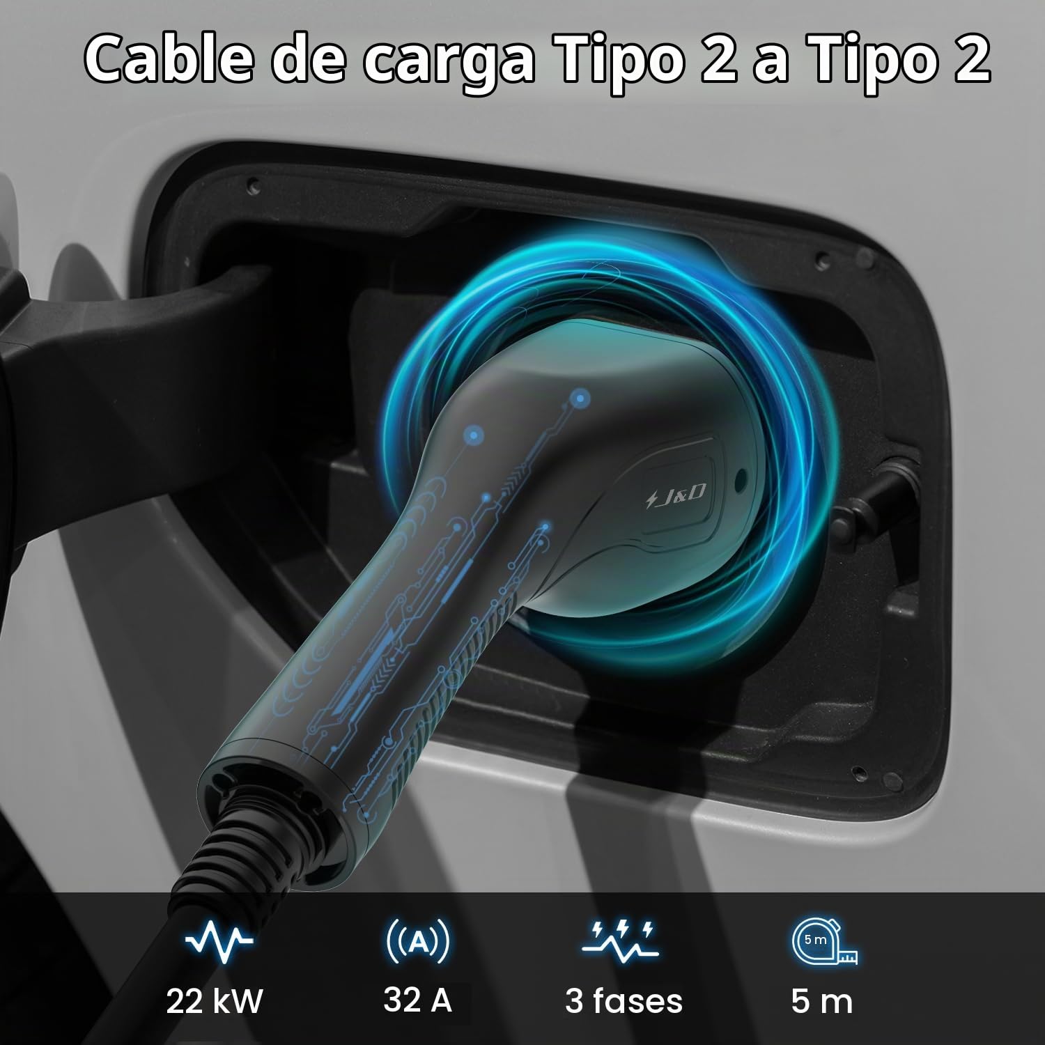 J&D Cable de carga tipo 2, modo 3 / 32 A / 22 kW / 3 fases / 5 metros, modo 3 tipo 2 EV cable de carga para coche eléctrico con bolsa de transporte compatible con modelos S/3/X/Y e-Golf ID.3 i3/i8