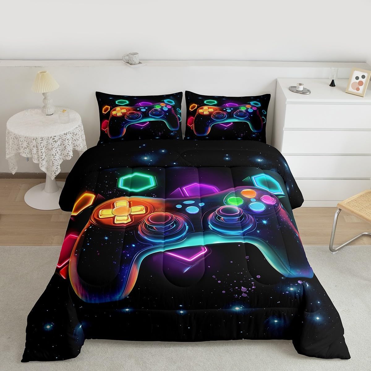 Erosebridal Game Consoles Bedding Set Queen Gamer Gifts, Gaming Comforter Sets Space Glow Geometric Kids Comforter Sets Boys Red Green Blue Teal, Gamer Room Decor for Boys' Rooms image 5