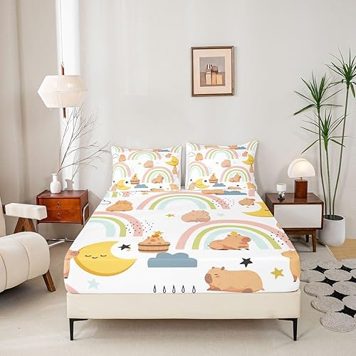 Miniatura 5 de Erosebridal Capybara - Juego de sábanas tamaño matrimonial, juego de sábanas de arcoíris para niñas, decoración de roedor, kawaii, para amantes de
