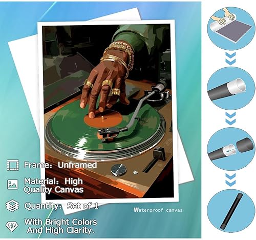 Miniatura 2 de Arte de pared retro para tocadiscos DJ, impresión en lienzo de música hip hop, decoración de estilo urbano urbano con disco de vinilo y joyas