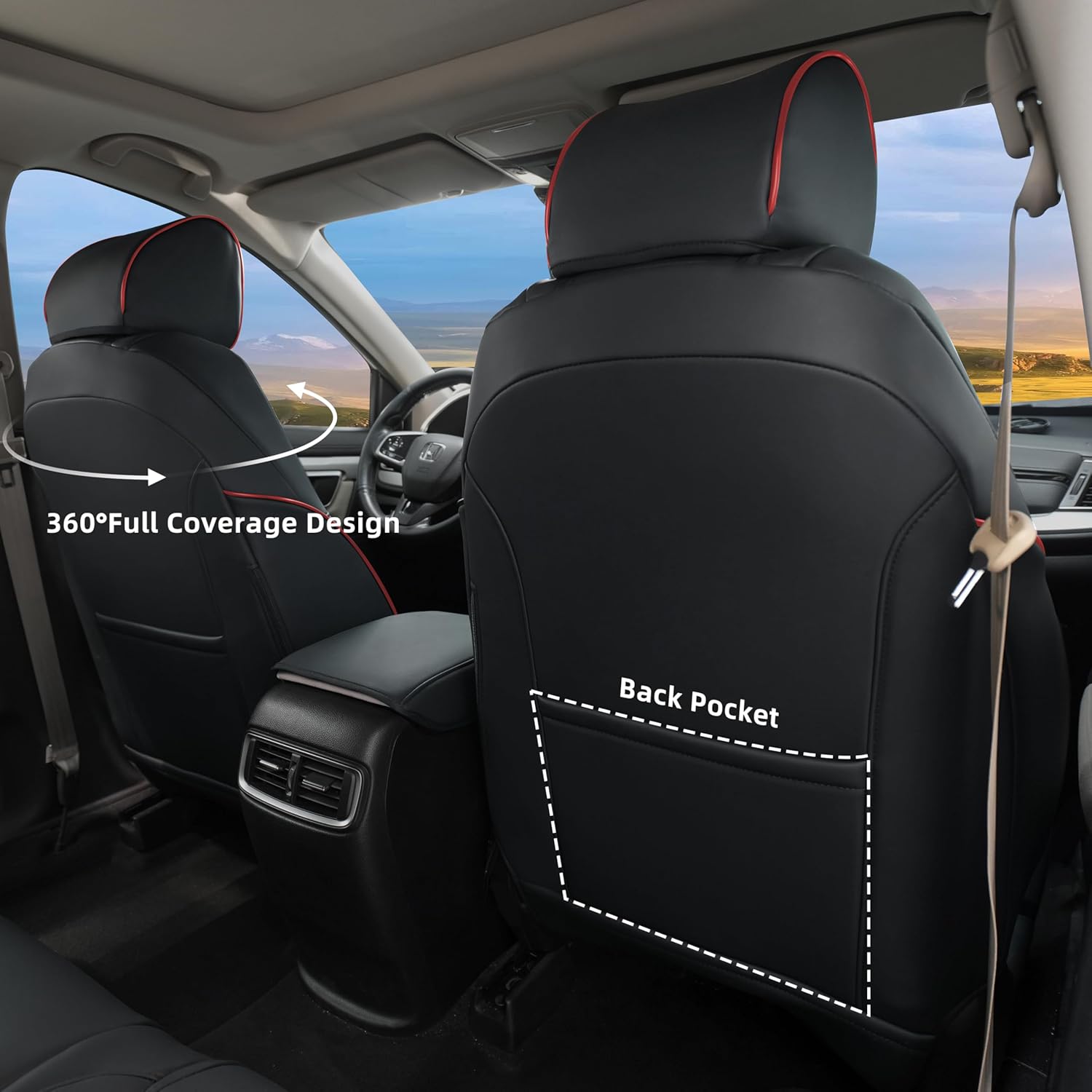 Lolcar CRV Seat Covers Custom Fit for Honda CRV 2017 2018 2019 2020 2021 2022,Leather Car Seat Cover Full Set for Trucks SUV,Waterproof Car Seat Cushion,Faux Leather (Black with red Trim)