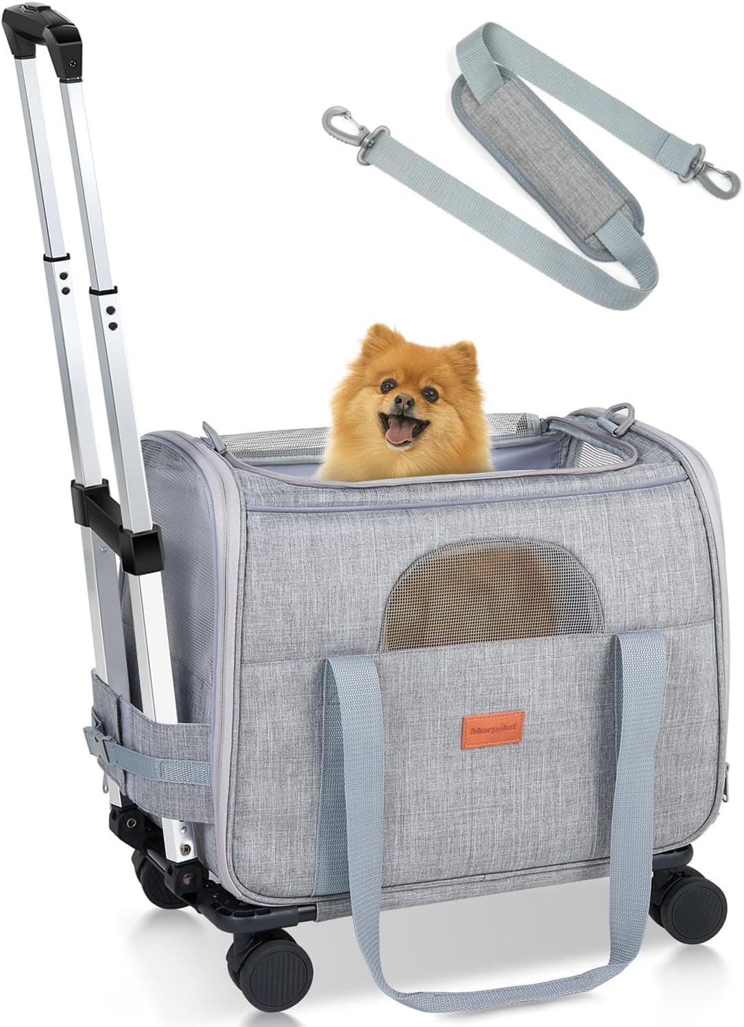 Morpilot Transportin Gatos Perros con Ruedas y Varilla Telescópica Bolsa Transporte de Viaje para Gatos Perro Plegable Carro con Ruedas Extraíbles(Gris Claro 44 x 31 x 34 cm)