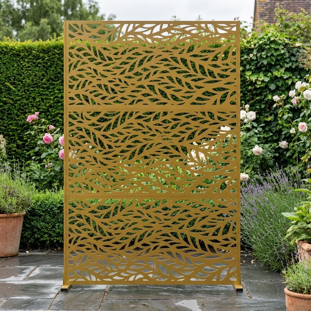GarveeMore Freestanding Metal Garden Privacy Screen 183x120cm(72x47), Heavy Duty Galvanised Steel Outdoor Room Divider, Decorative Decking Fence Panel & Bin Hide, Botanical Leaf - Brown