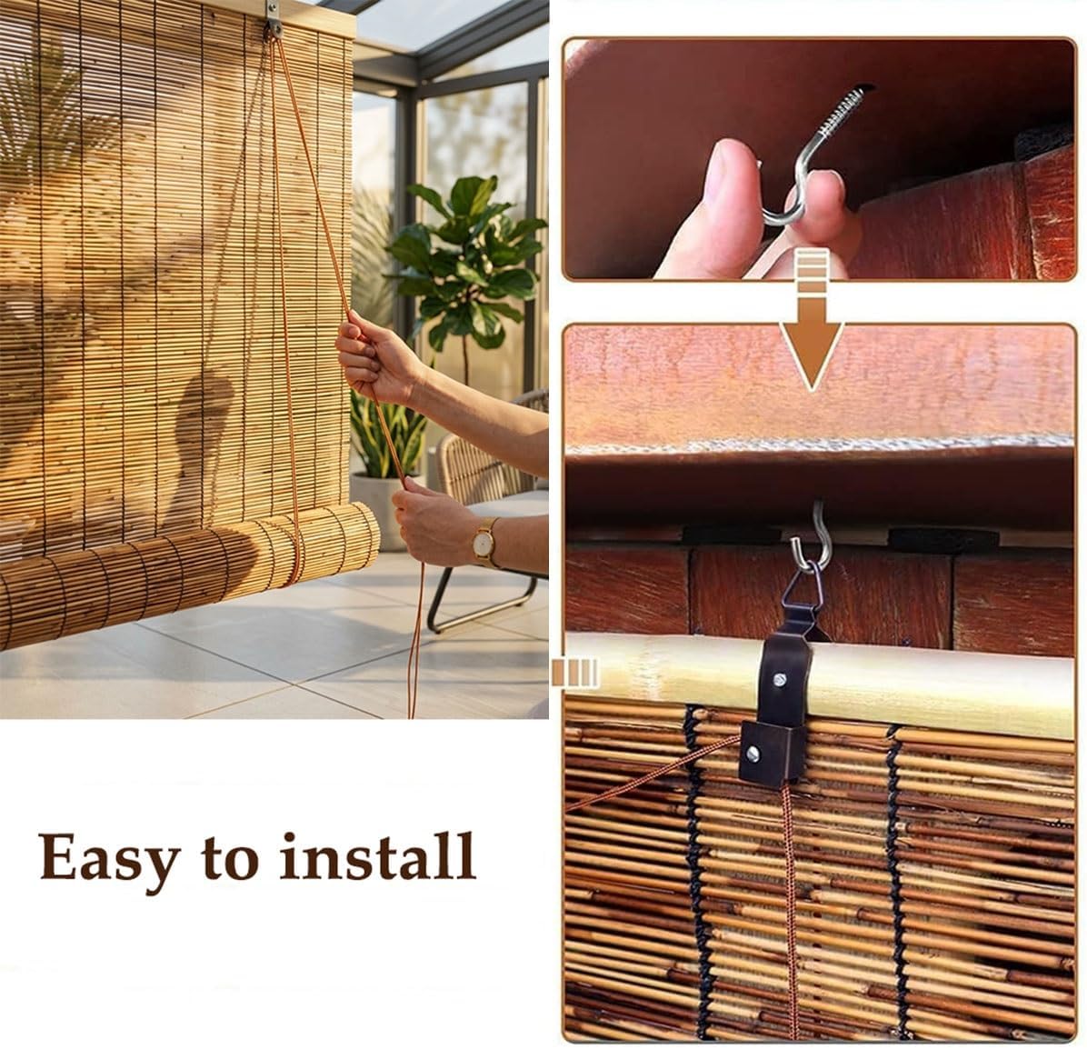 Indoor Roller Shade, Bamboo Cordless Roll up Shade for Window 20'' 24'' 26'' 28'' 34'' 36'' 38'' 48'' W 60" 72" 84" H Bamboo Light Filtering Window Blinds for Home Patio Porch Privacy(Size:28"W x 64"H