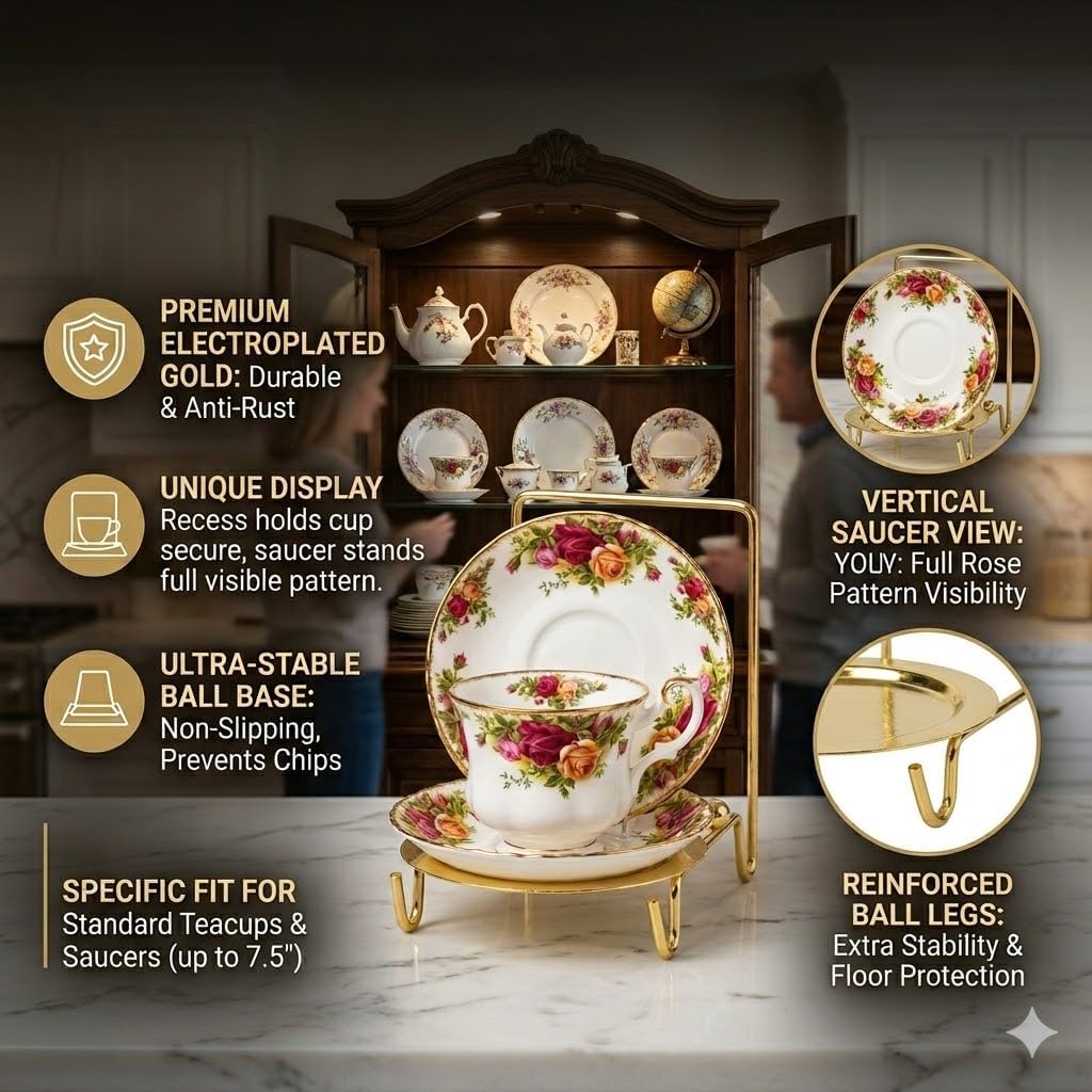 HOHIYA Gold Tea cup and Saucer Display Stand 6 Cup Holder Rack Decorative Tabletop Organizer for China Cups Coffee Mugs and Plates Elegant Tea Party & Kitchen Counter Display Etched Base