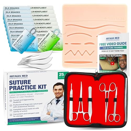 Kit completo de práctica de sutura para entrenamiento de sutura incluye almohadilla de sutura de silicona grande con heridas precortadas y kit de
