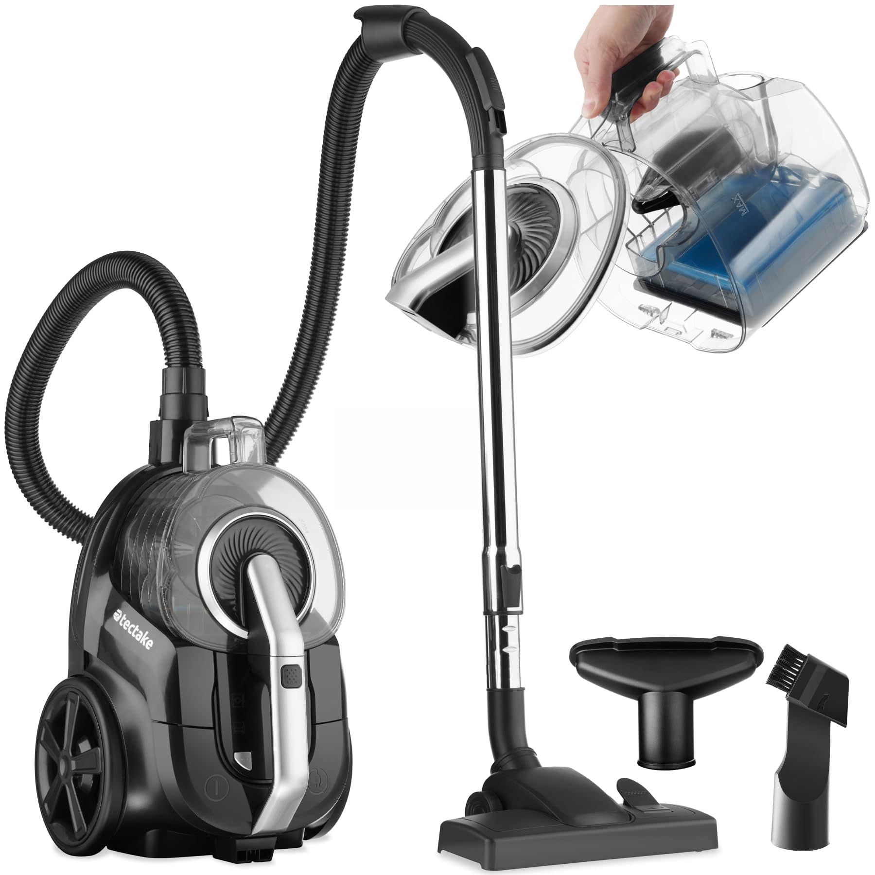 tectake® Aspirapolvere Senza Sacco 900 W, Capacità 3L, 79 dB, Aspiratore con Filtro HEPA XXL, Ideale per Pavimenti e Tappeti, Contenitore Grande per Polvere, Asta Telescopica, Accessori Inclusi