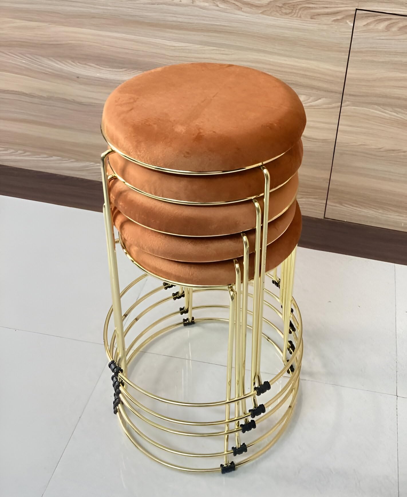 Toby Luxurious Modern Contemporary Multipurpose Round Velvet Golden Stool | Stools for Office, Bars, Gardening, Classroom, Hospital and Labs, Restaurant and Café | Kids/Study Stool (Brown, Set of 5)-image-48