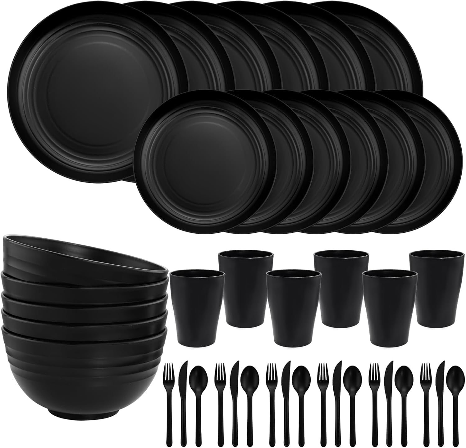 Nervure 42-teiliges schwarzes unzerbrechliches Geschirr-Set, wiederverwendbar für Camping für 6 Personen, Plastikbesteck, Picknick, hochwertig, Plastikteller, Becher, Besteck Küche, Haushalt & Wohnen