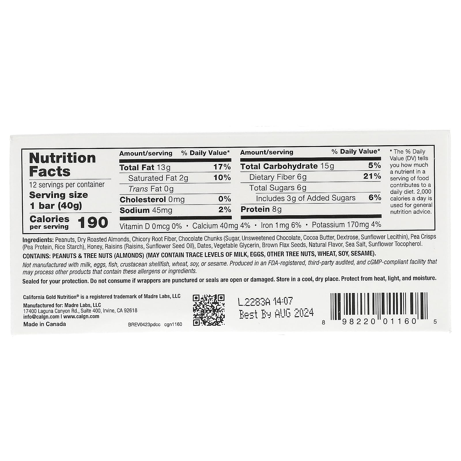 California Gold Nutrition, Alimenti, barrette di arachidi e cioccolato fondente con mandorle tostate secche, fibra di radice di cicoria, patatine di piselli e miele, 12 barrette, 1,4 oz (40 g