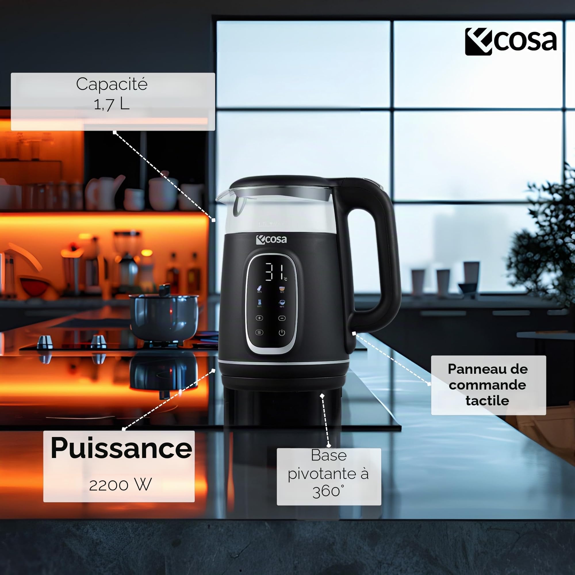 Ecosa Bouilloire avec réglage de la température, verre et acier inoxydable, bouilloire à thé, 1,7 l, 2200 W, sans BPA, avec choix de la température de 40 °C à 100 °C, fonction maintien au chaud