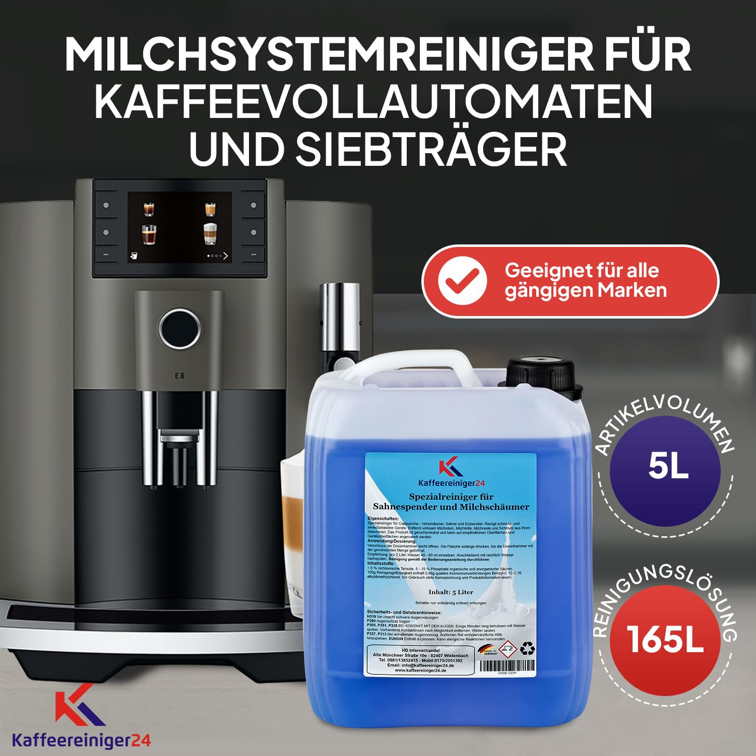 Kaffeereiniger24 - Limpiador de sistema de leche (5 L, compatible con Jura, DeLonghi, WMF, Saeco y Melitta, limpiador de espuma de leche para cafeteras automáticas)