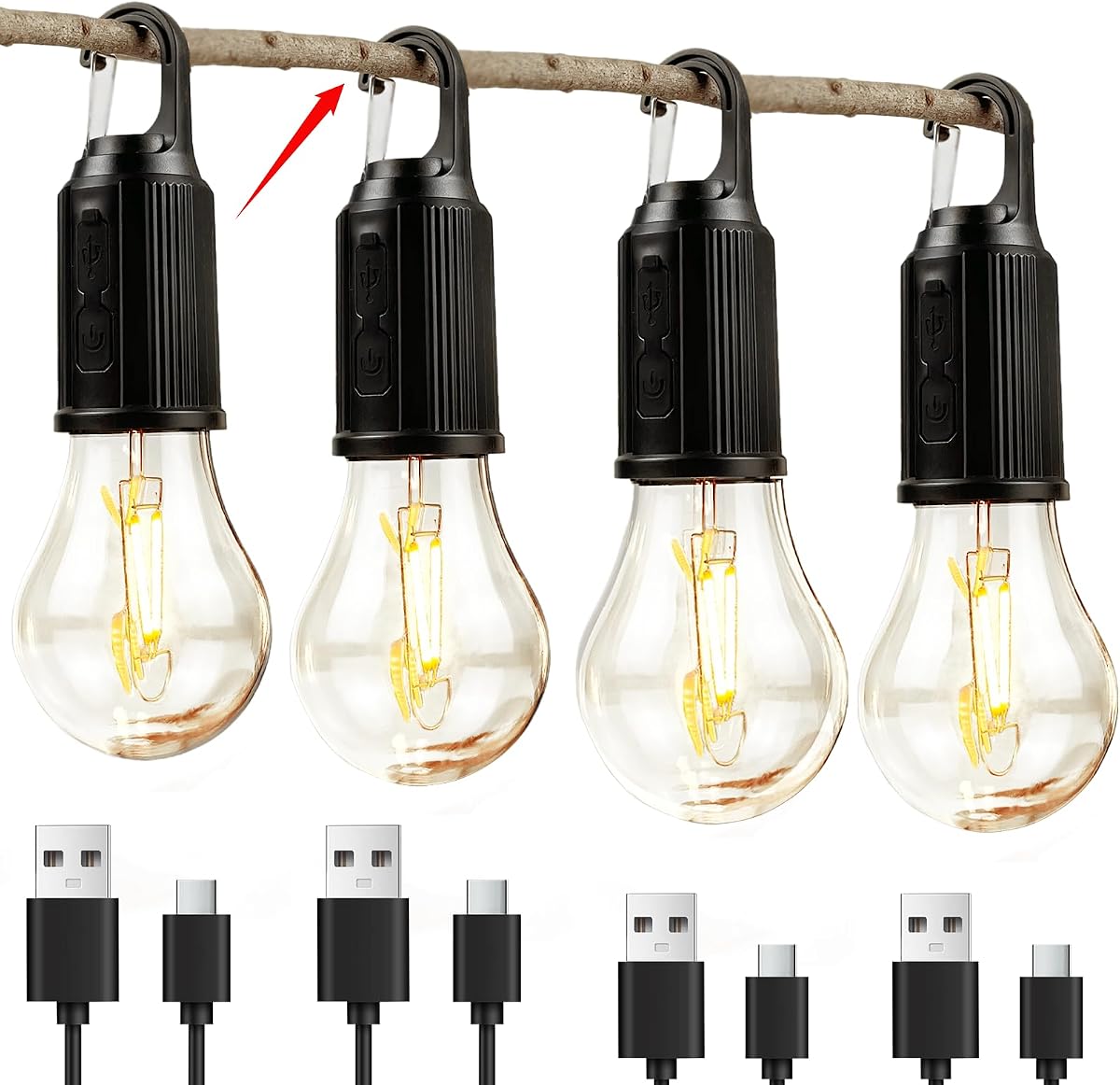 4 Pack Hanging Camping Lights Rechargeable for Tent(Black) | Tent Lamp with 3 Brightness Modes,Timer Function,Long Battery Life,IP65 Waterproof,Hook,for Camping,Hiking,Emergency Outage