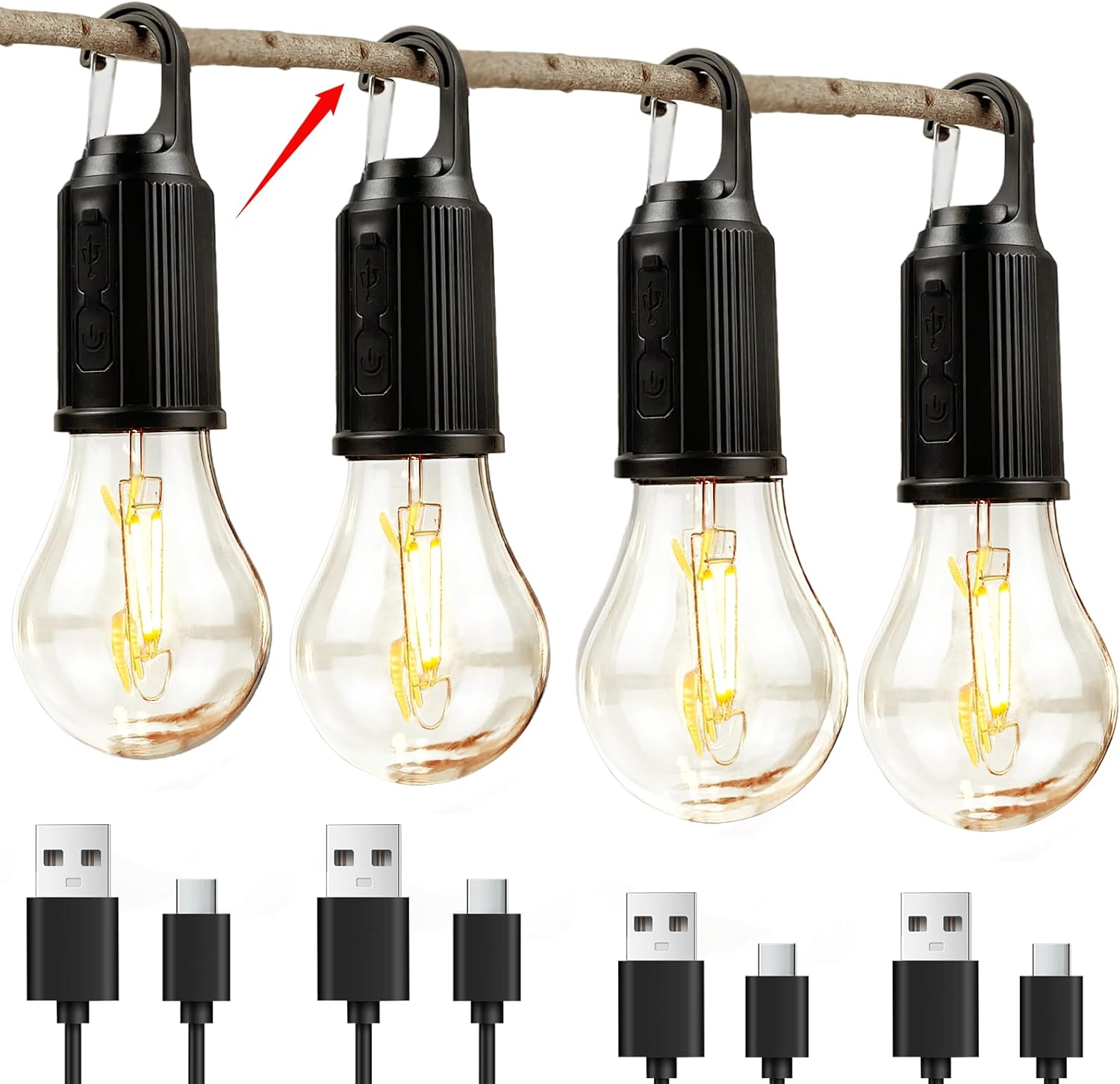 Rechargeable 4-Pack Camping Lights with Hook & Timer – 3 Modes