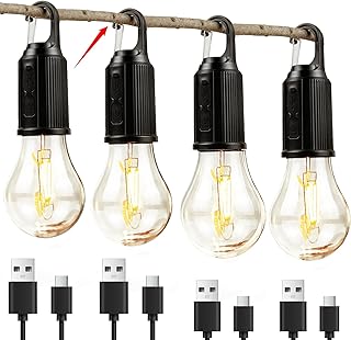 LUKASUMI 4 Pack Camping Lights Rechargeable, Hanging Tent Lights Bulb with Hook, Timer Function, 3 Lighting Modes Tent Lam... Price In India