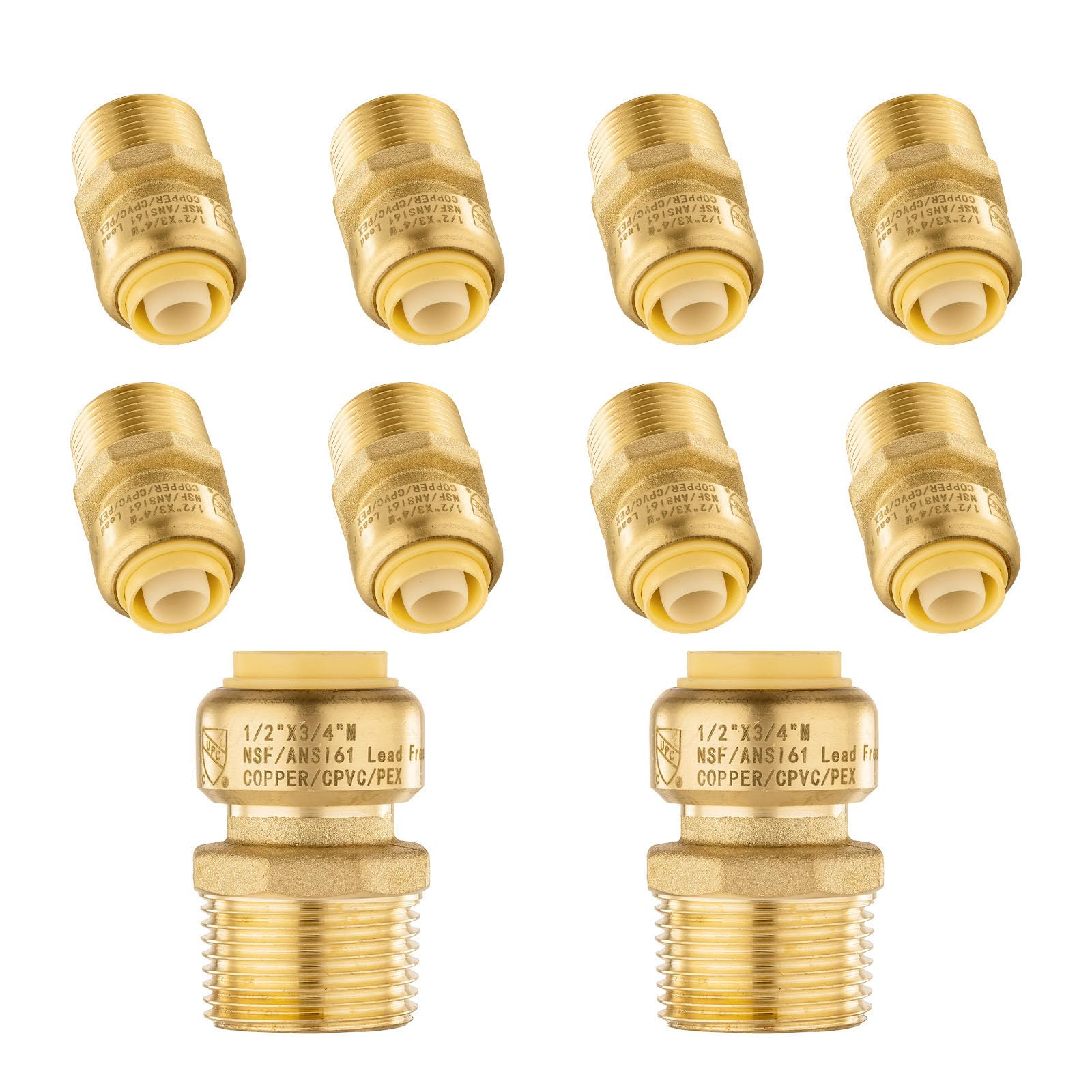 10 szt. złączek mosiężnych Foskan 1/2" Push-to-connect x 3/4" z gwintem zewnętrznym, do łączenia rur PEX, miedzianych, C, PE-RT, z zaciskiem rozłączającym do napraw hydraulicznych (PTC x MNPT)