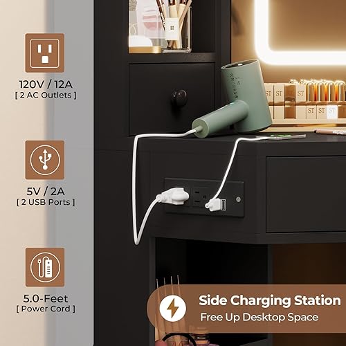 Miniatura 3 de HAUOMS Escritorio esquinero de tocador, tocador de maquillaje con espejo y luces, juego de tocador con estantes giratorios, estación de carga,