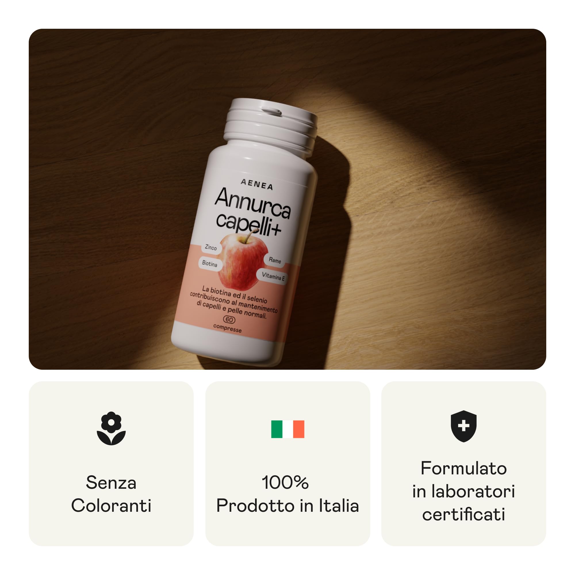 Aenea, Mela Annurca Capelli 60 Cps, Anticaduta Uomo e Donna, Rinforza e Favorisce la Crescita Con Biotina, Selenio, Rame, Vitamina E, Melannurca Integratore Capelli, Cuoio Capelluto, Pelle e Unghie