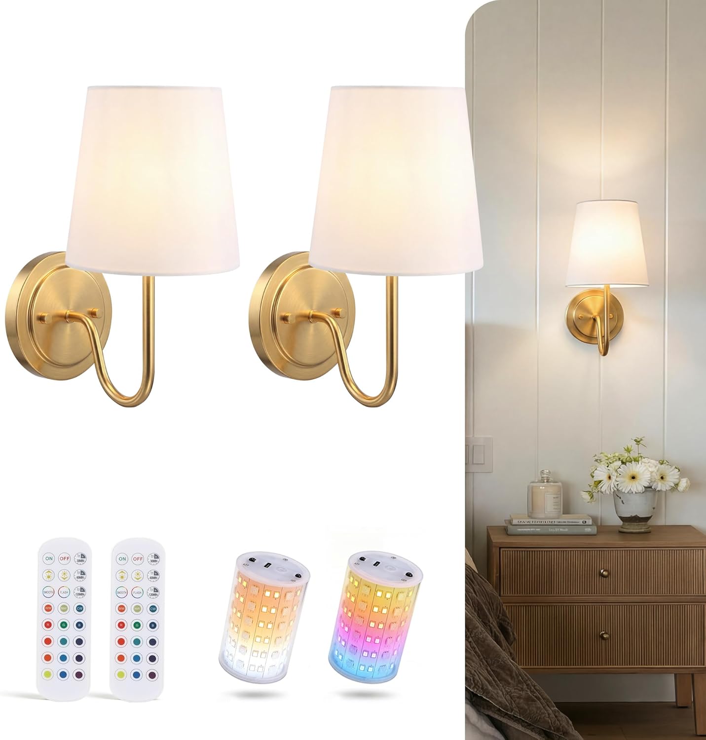 CLOUDY BAY 10000mAh Battery Operated Wall Sconces,Up to 100 Hours with Rechargeable RGB Dimmable Magnetic Bulb,Cordless Wall Lighting Fixtures with Remote for Bedroom,Soft Gold,2 Pack-12inch
