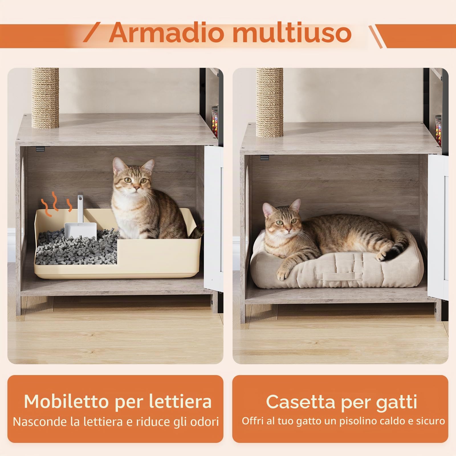 HavenlyYouth Albero per gatti con ciotole per cibo e lettiera, torre per gatti a più livelli con pali in sisal per giocare, amaca in peluche grigia per accogliere