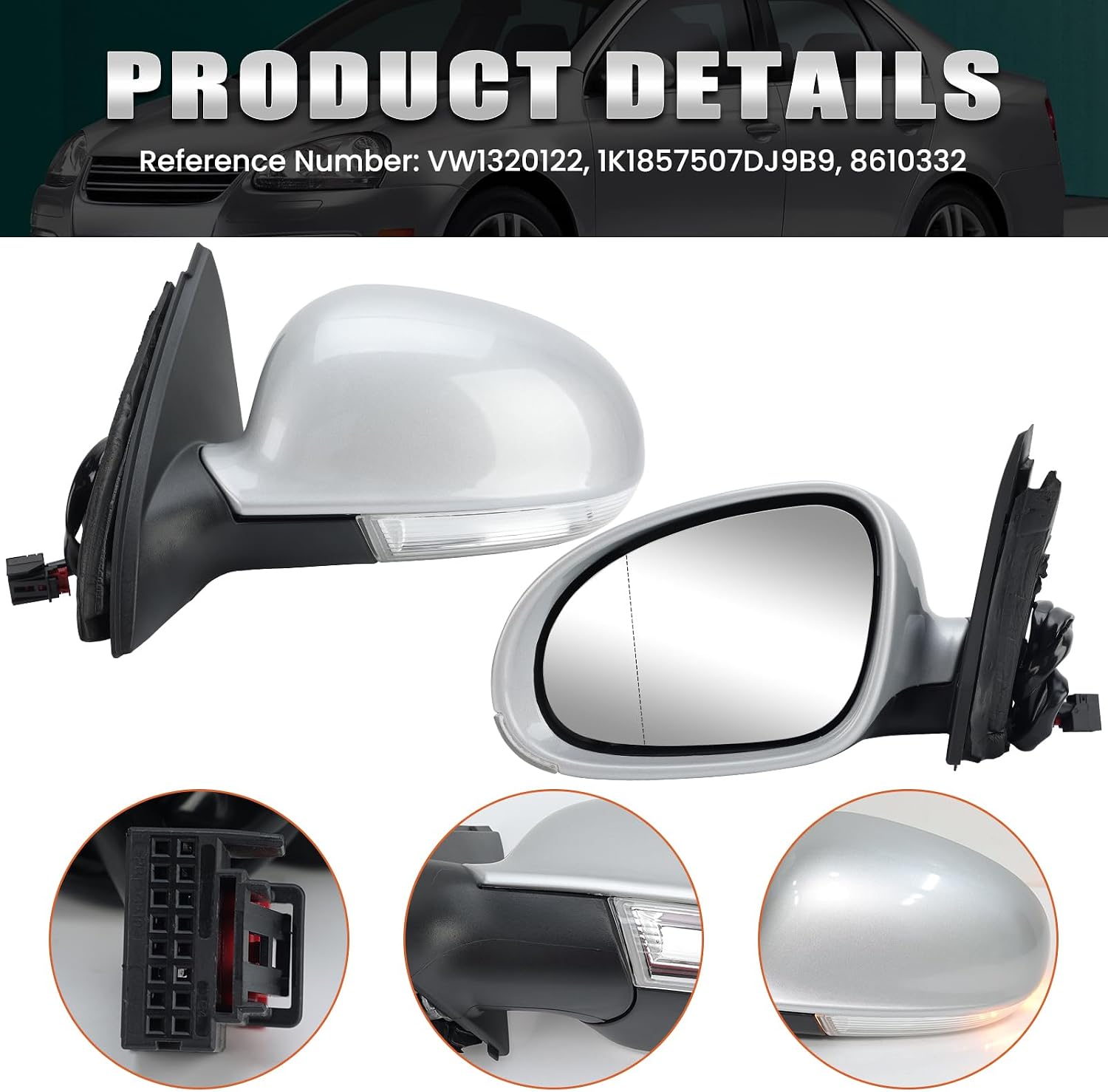 Left Driver Side Mirror Compatible with Volkswagen Jetta 2005-2010 Heated with Turn Signal Indicator Power Glass Manual Folding 7 Pins (Silver)