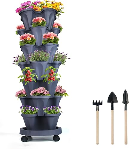 Miniatura 1 de Maceta vertical apilable de 7 niveles, macetas de jardín de fresa, hierbas y flores, macetas de jardinería para interiores y exteriores, con ruedas