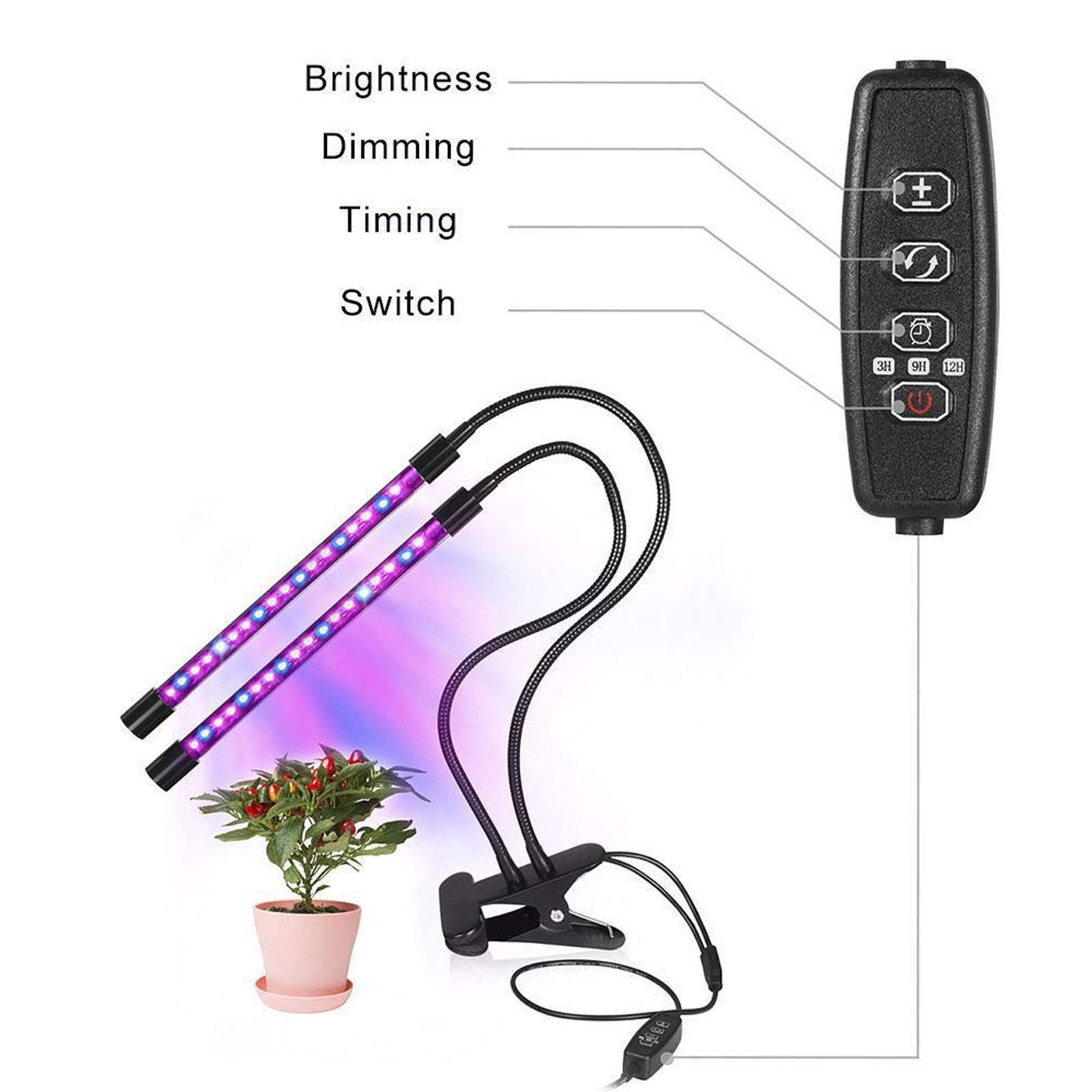 Luz de Cultivo de Plantas de 80 W, luz de Planta LED de Doble Cabezal, 9 Niveles Regulables, 3 Modos de Temporizador (3H/9H/12H), Utilizada para la germinación de Plantas, floración a Fruta