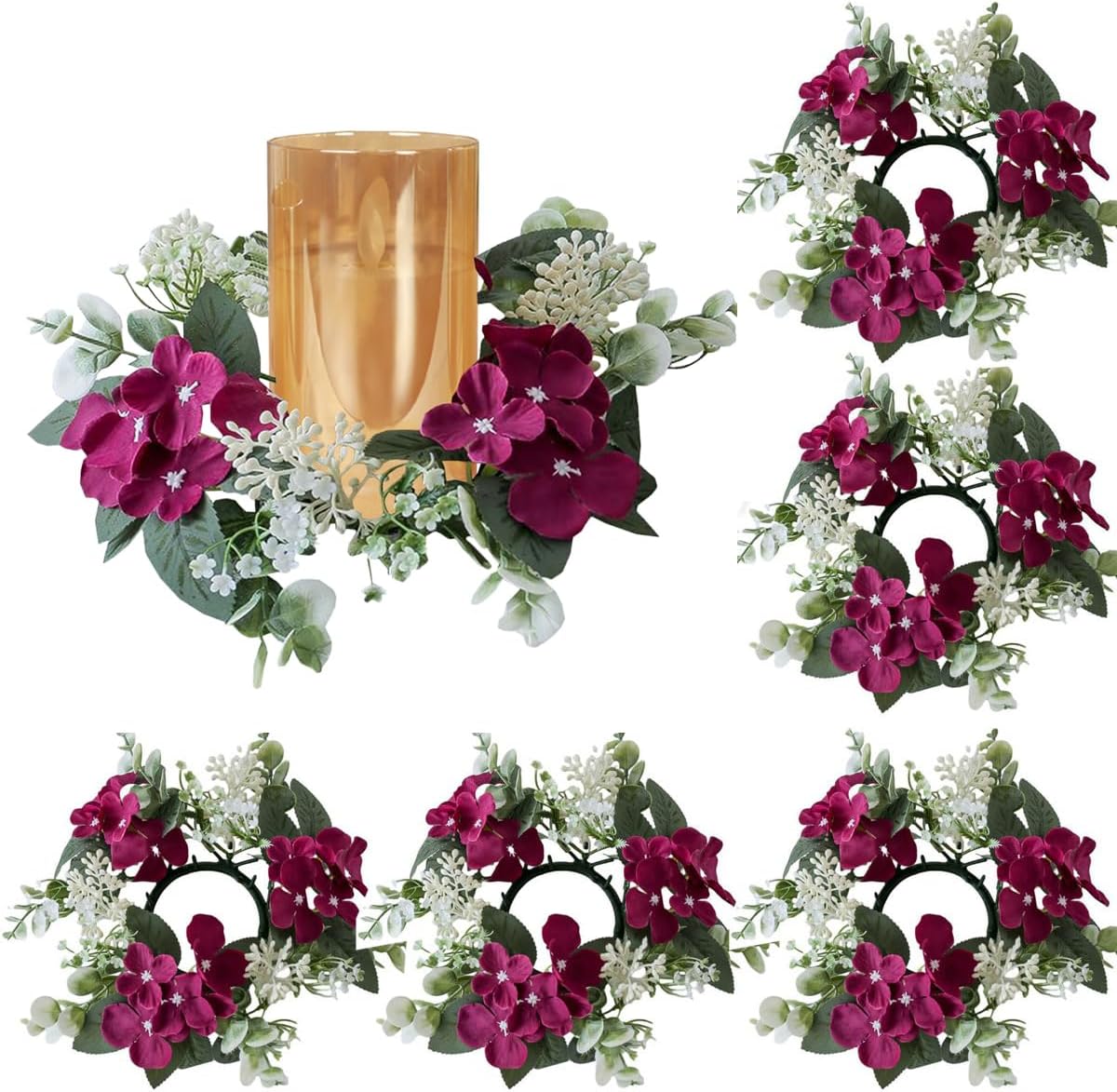 6Pcs Flower Candle Rings Floral Candle Holder Wreath Wedding Candle Rings Small Artificial Floral Wreaths for Wedding Home Party Decoration,Purple