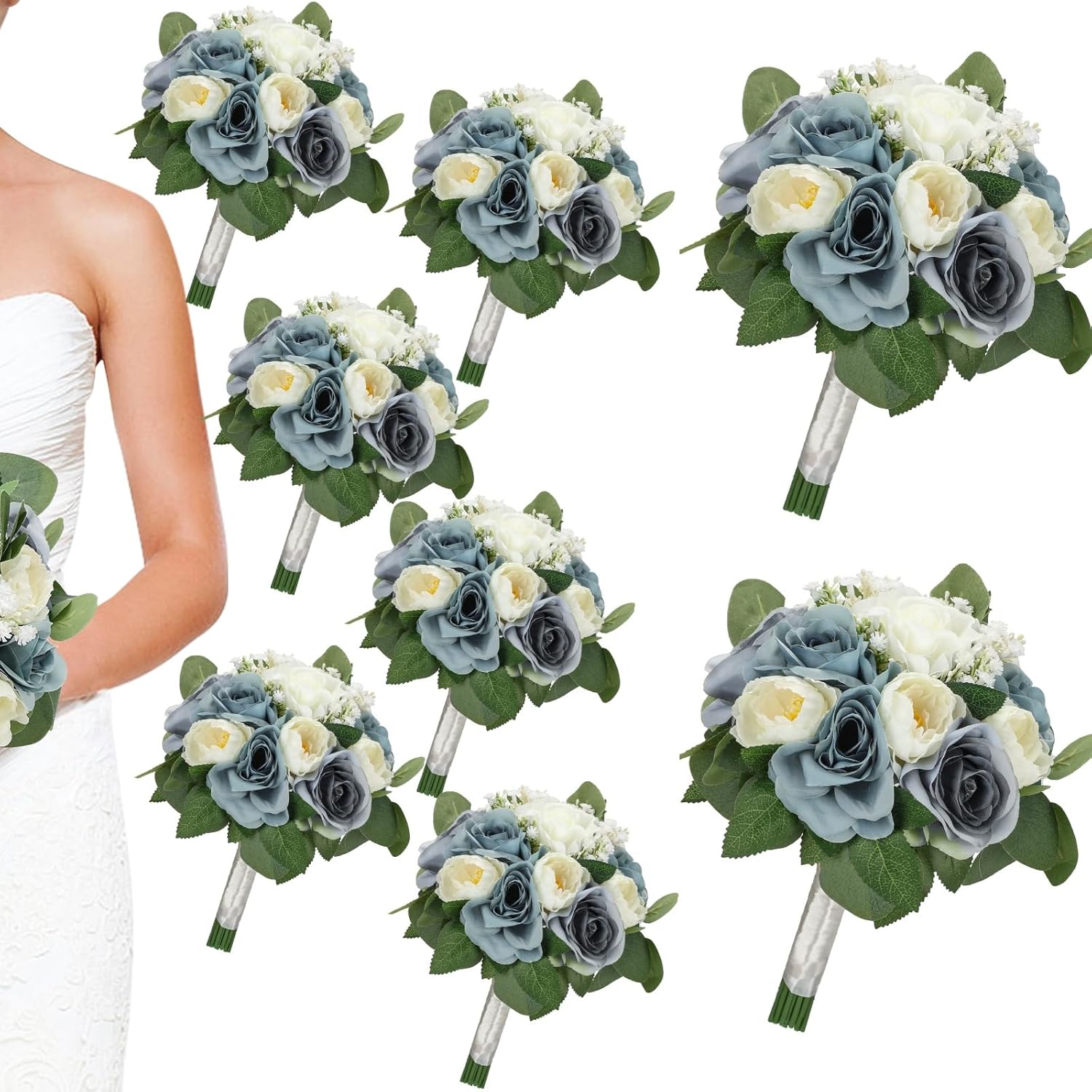 Set of 8 Bridesmaid Bouquets, 11 Inch Wedding Bouquets for Bridesmaids Artificial Flower Bouquets for Wedding Ceremony Bridal Shower Decorations - Dusty Blue & White