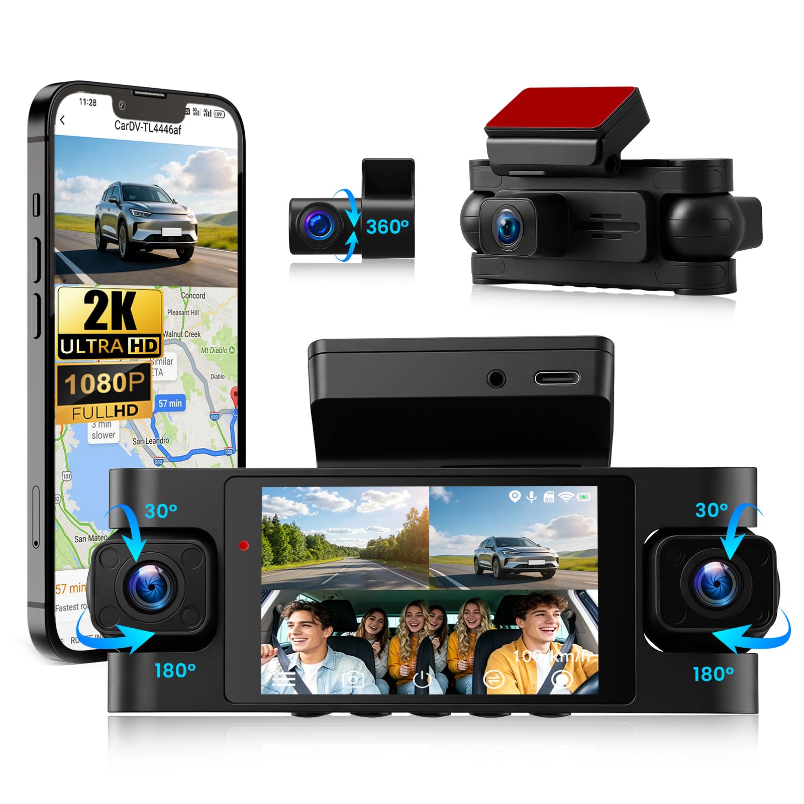 Dashcam para Coche 2K+1080P, Protección 360°, Cámara con WiFi 5GHz y Control por App, Visión Nocturna Extrema, GPS, WDR, Sensor G, Grabación en Bucle, Soporta hasta 256GB, Modo Estacionamiento 24H