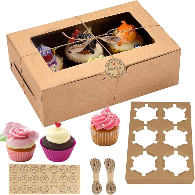 20 Pack Cupcake Boxes 6 Hole with Window and Inserts, Bakery Boxes, Cupcake Carriers Kraft Cup Cake Boxes Cookie Box Pastry Boxes Gift Boxes for Dessert, Muffins, Pies, Party Favors by Gbateri(Brown)