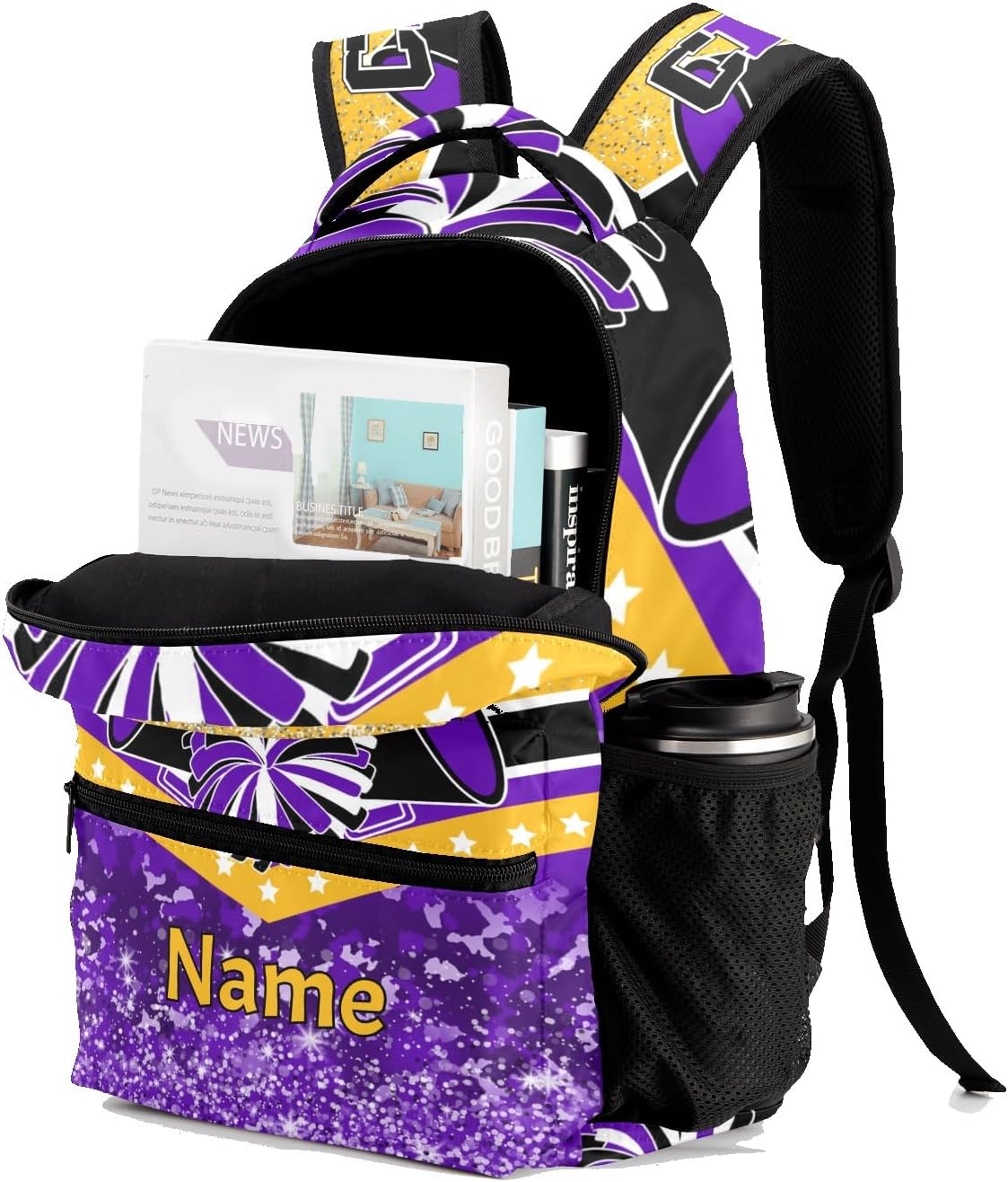 Cheer Purple Gold Cheerleader Custom Multifuction Waterproof Backpack with Name Shoulders Bookbag for Birthday Holiday Gift