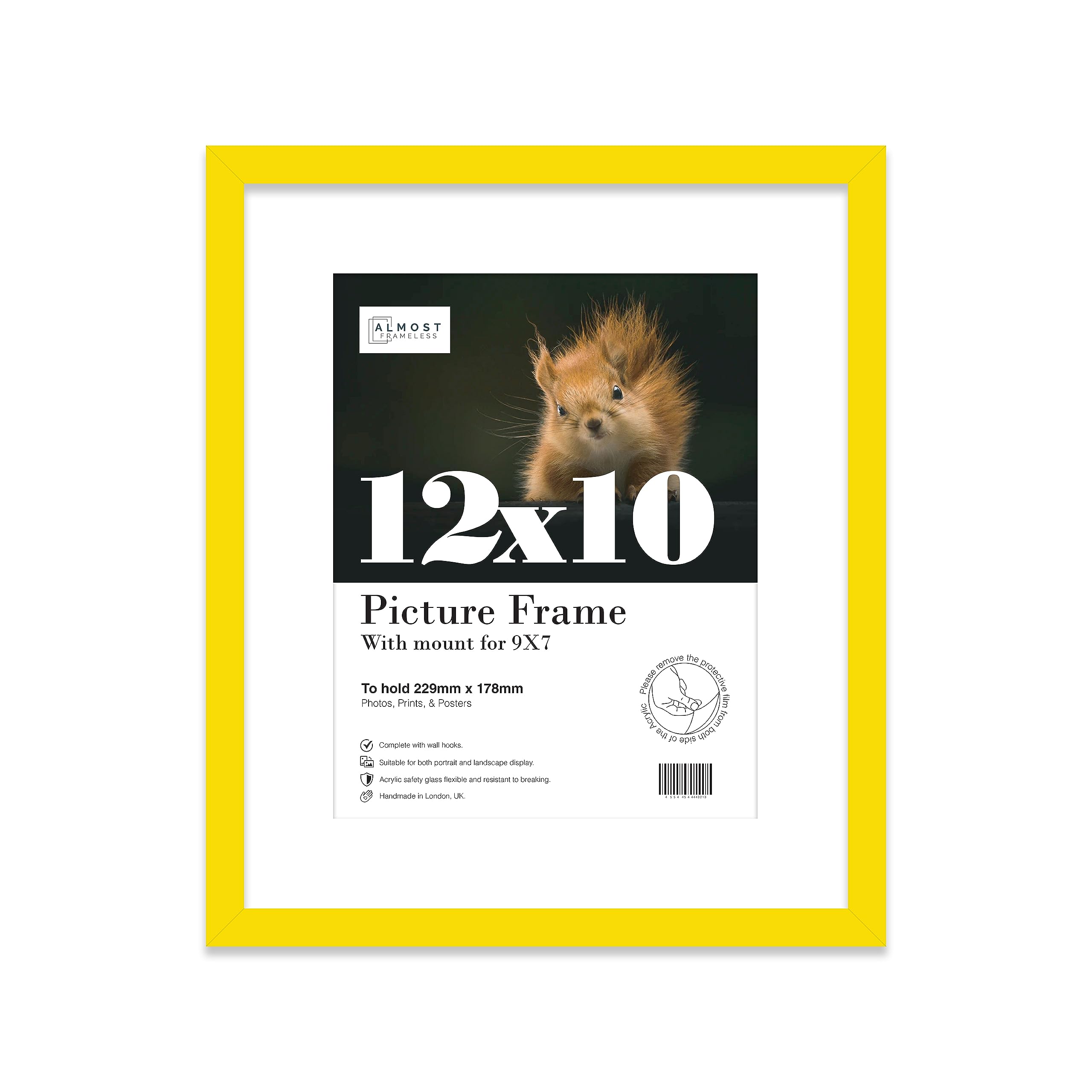 Almost Frameless 12x10 Yellow Picture Frame With Mount for 9x7 Print, Poster or Photo Poster, Photo, Artwork, or Print. Thin Edge Slim Frame Portrait and Landscape Display with Wall Hooks — image 1