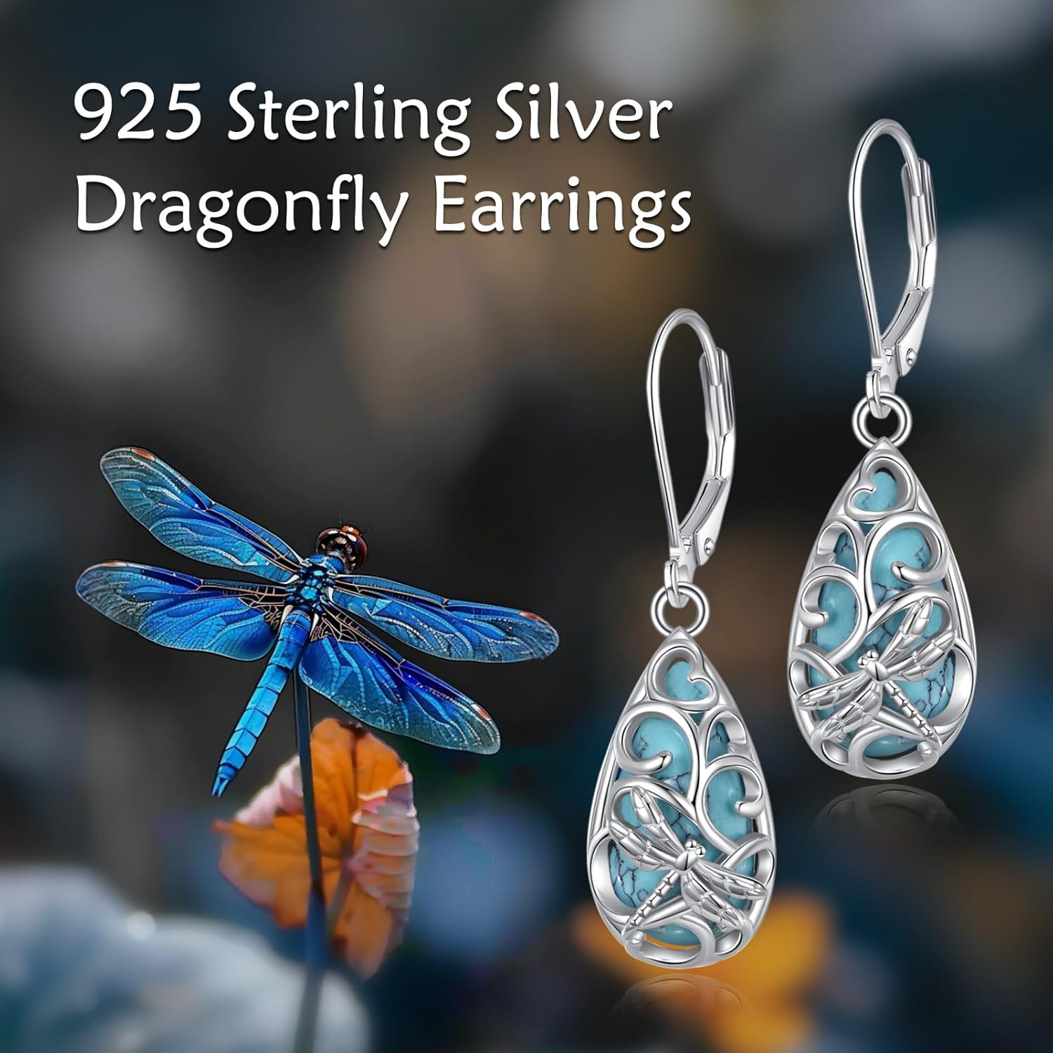 Turquoise Earrings Sterling Silver Dragonfly Dangle Drop Filigree Turquoise Jewelry for Women Mom - Image 6