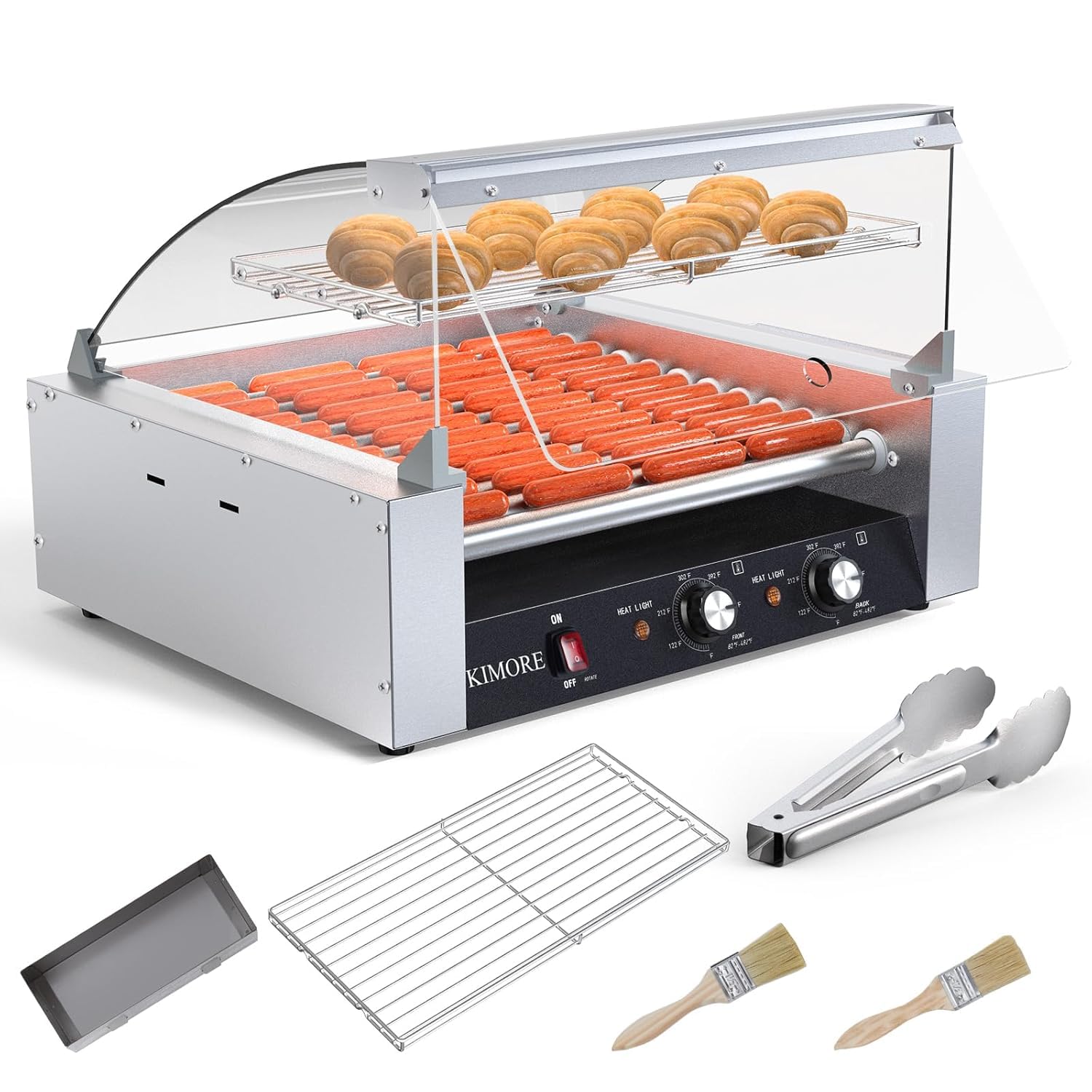 Hot Dog Roller, 30 Hot Dogs 11 Rollers Grill Cooker Machine with Removable Stainless Steel Drip Tray Stainless Steel with Cover, Dual Temp Control, Led Light, Perfect for Commercial and Party