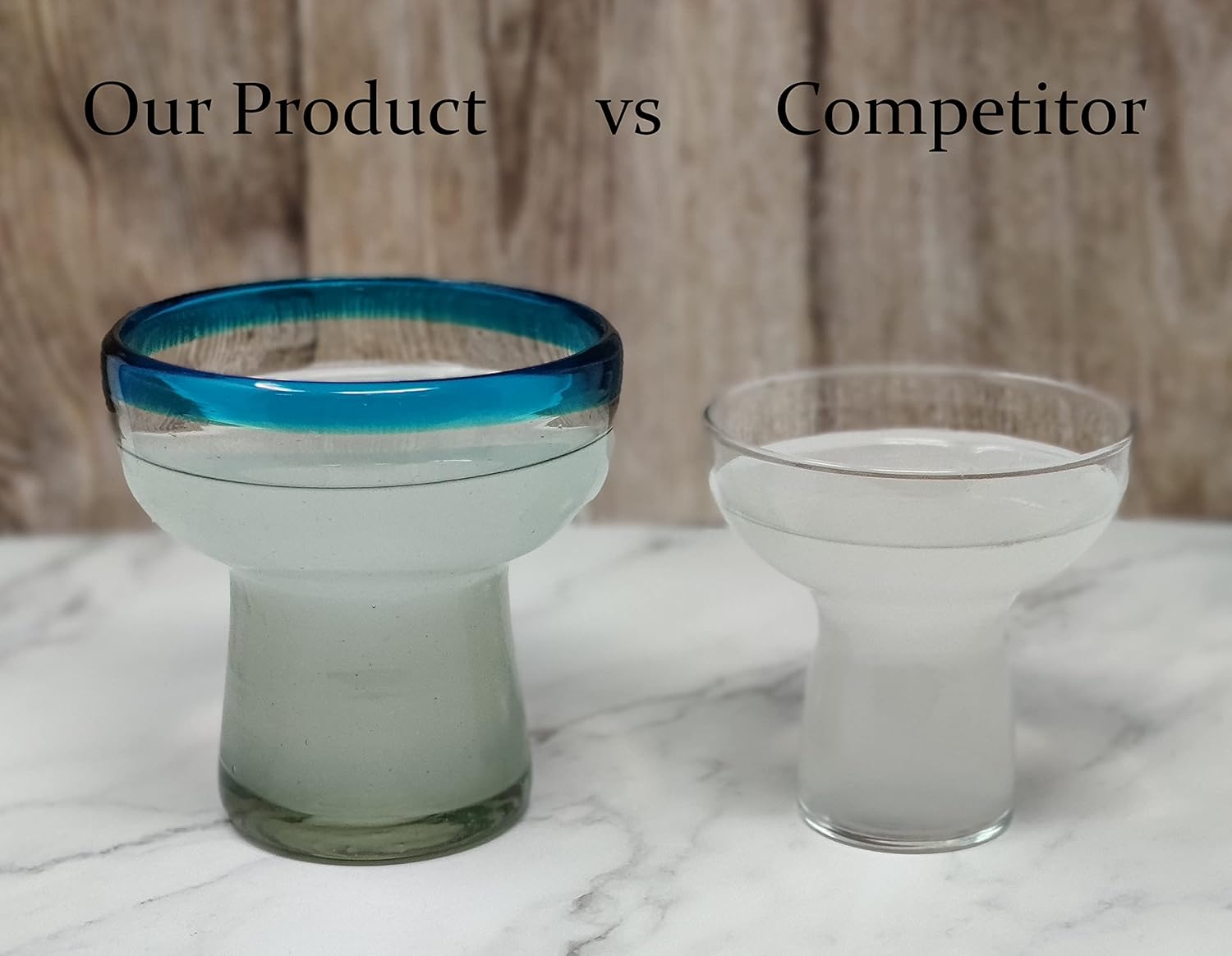 Dos Sueños Mexican Hand Blown Glass – Set of 4 Hand Blown Stemless Aqua Rim Margarita Glasses (14oz) - Image 5