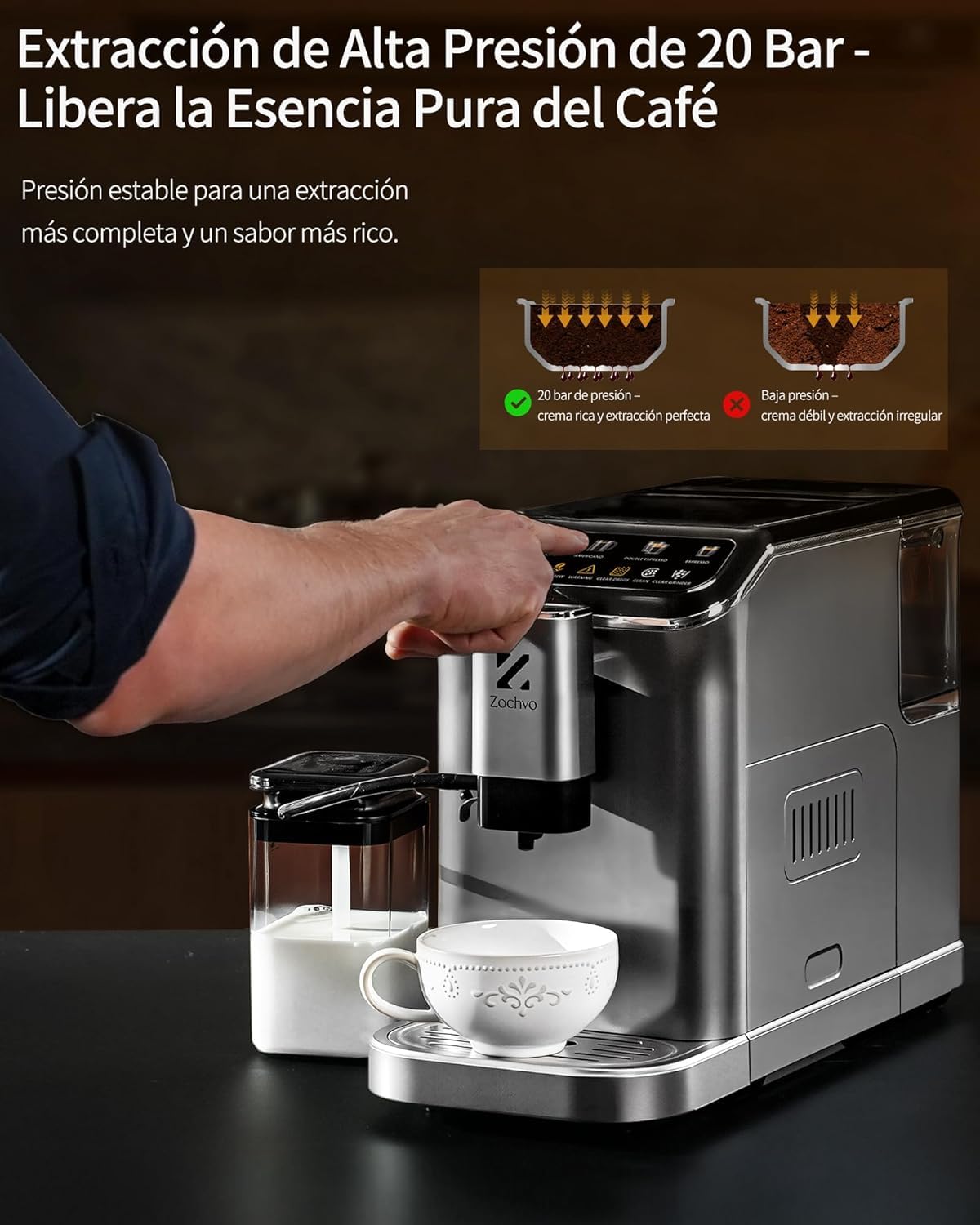 Macchina Caffè Automatica per Grani – Espresso Autentico, Sistema Latte per Colazione, 15 Livelli Macinatura, Doppia Caldaia, Pulizia Facile