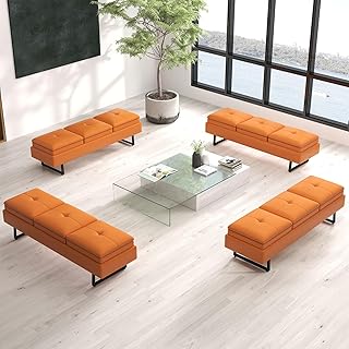 kinbor Waiting Room Chairs - 3 Seat Orange Reception Chairs Modern Bench, Set of 4 Upholstered Lobby Chairs Leather Bench Furniture with Metal Legs for Office Airport Clinic Bank Salon Barber