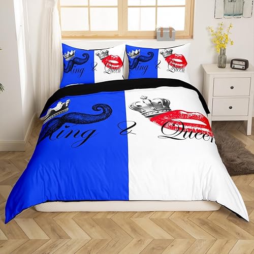 Miniatura 3 de Juego de funda de edredón azul y blanco, tamaño Queen para parejas, amantes de las parejas, para mujeres, hombres, adultos, labios rojos, funda de