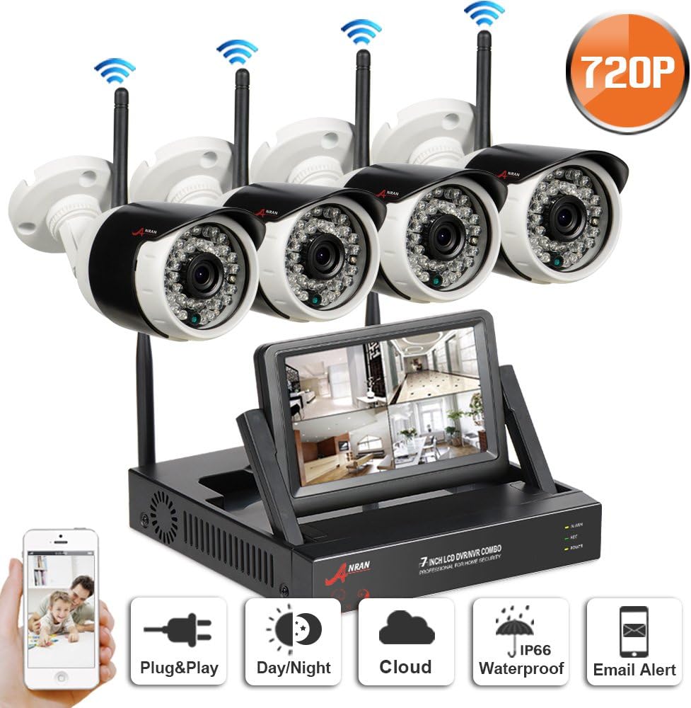 Swinway Home Security CCTV Camera Systems Wireless CCTV Kit Outdoor Security Camera with 7 Inch Monitor 4 Wireless IP Cameras 720P Waterproof Night Vision Plug and Play Support Phone Remote Viewing NO Hard Drive